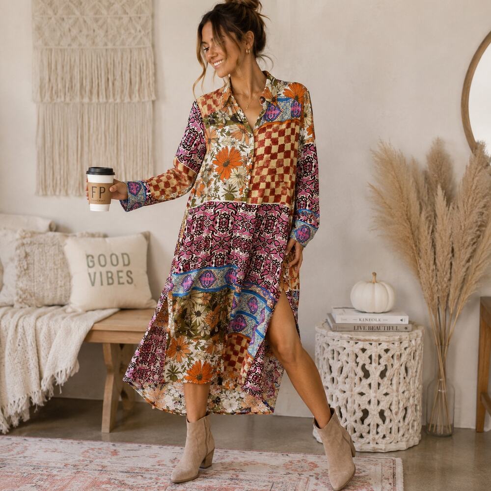 Free People Jackie Printed Button Down Maxi Dress Size Medium - Picture 1 of 5